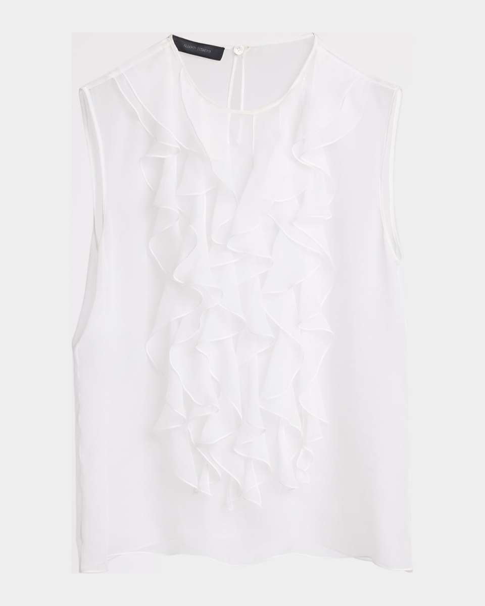 Ruffle Bib Sleeveless Silk Blouse